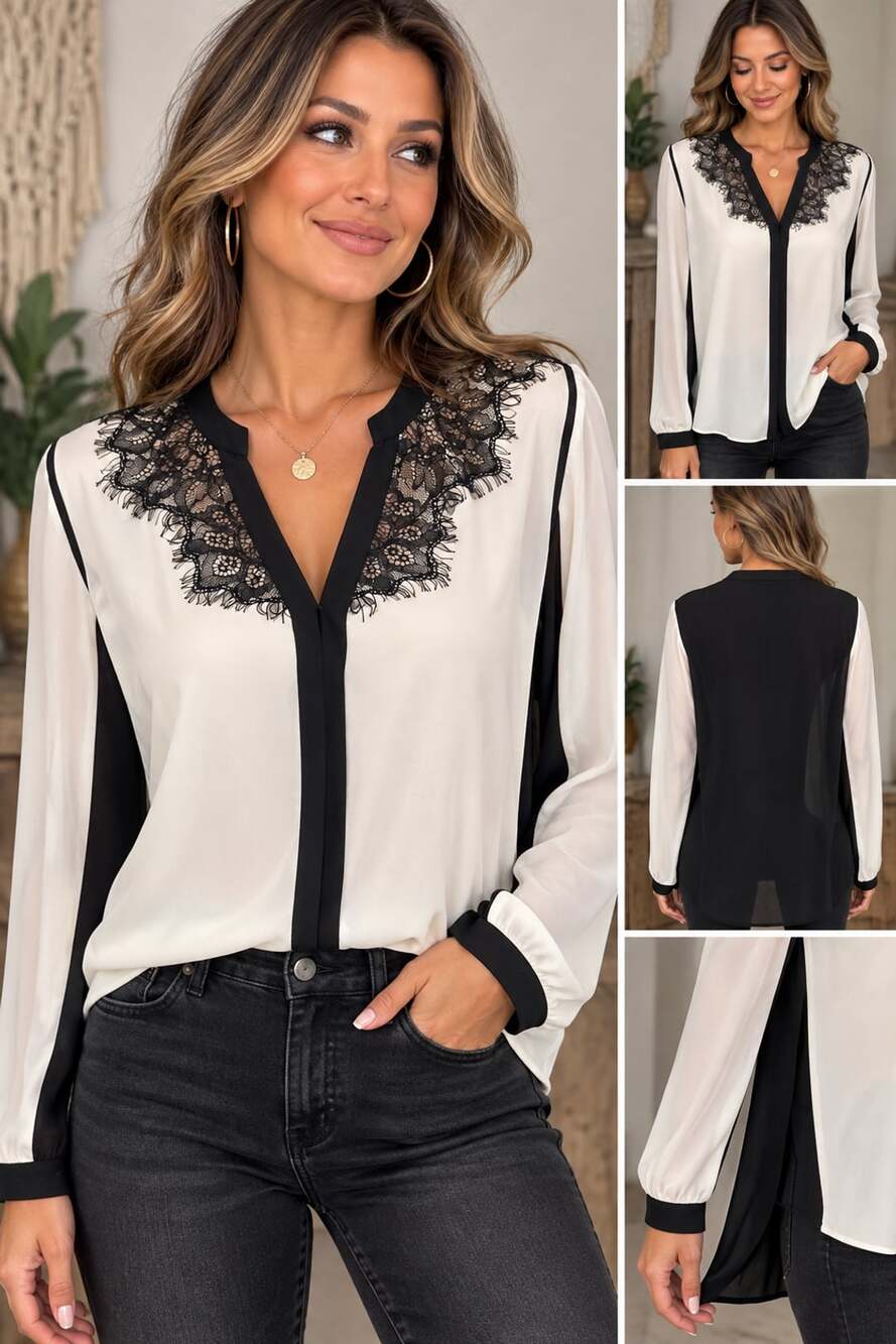 Elie Tahari Blouse Black White Lace Trim Long Sleeve V-Neck Silk